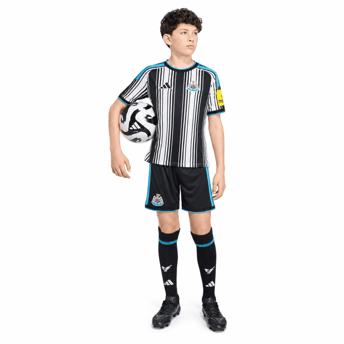 Kids Newcastle home football kit 2026/27 with black and white stripes, blue accents.
