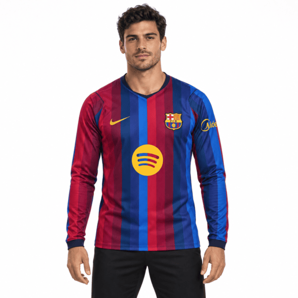 Barcelona home long sleeve jersey 2026/27 with red and blue vertical stripes.