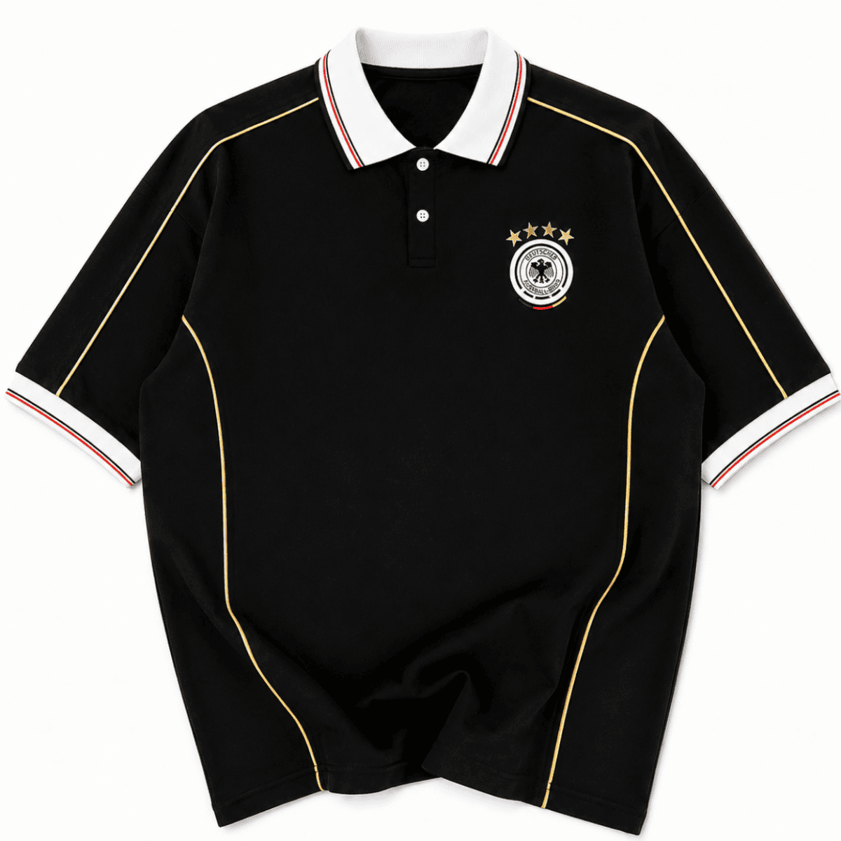 Germany retro football polo shirt in black with gold accents and team crest.