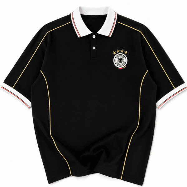 9145bece-7b89-4dbc-9817-84fe14c8ca22-222 - UAE SPORT STORE Germany retro football polo shirt in black with gold accents and team crest.