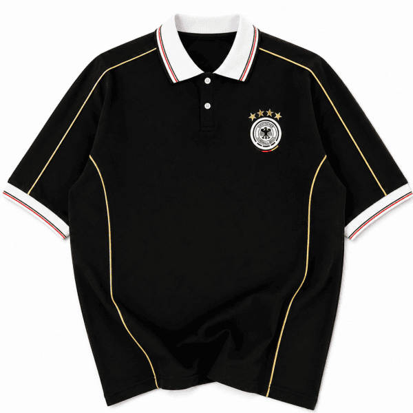 9145bece-7b89-4dbc-9817-84fe14c8ca22png | UAE SPORT STORE Men's Germany retro football polo shirt in black and gold – front view