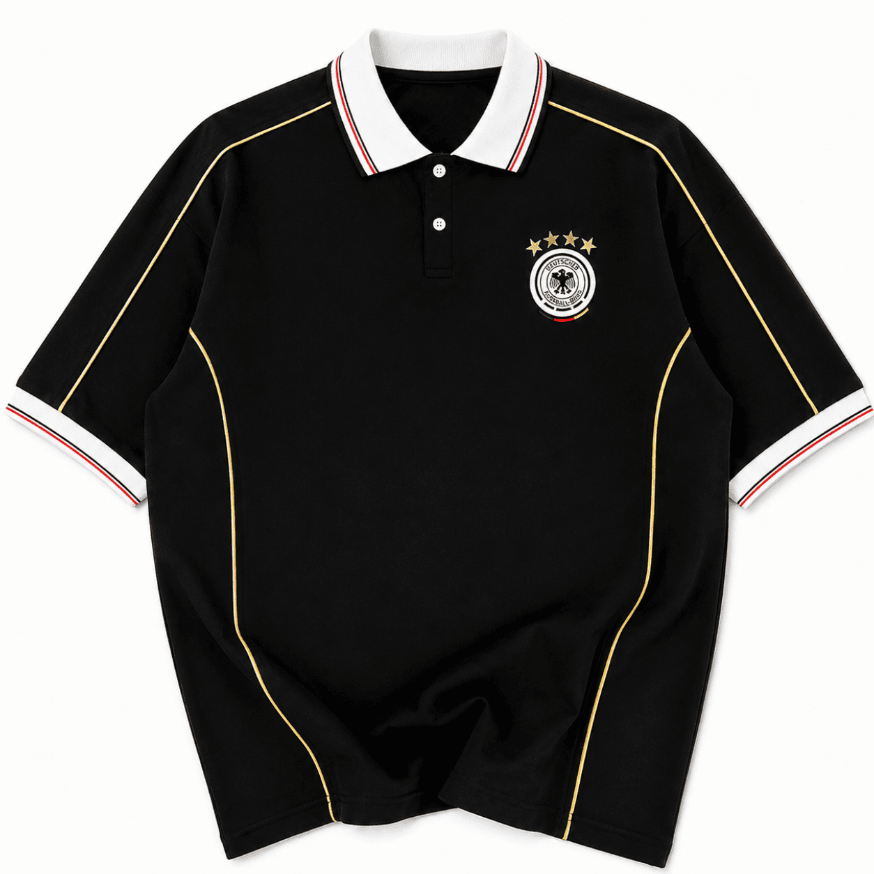 9145bece-7b89-4dbc-9817-84fe14c8ca22png | UAE SPORT STORE Men's Germany retro football polo shirt in black and gold – front view