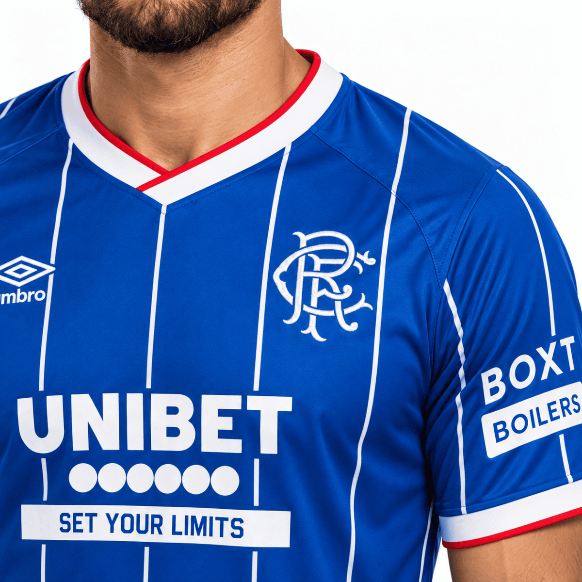 Rangers home football jersey 2026/27 with blue and white stripes and club crest.