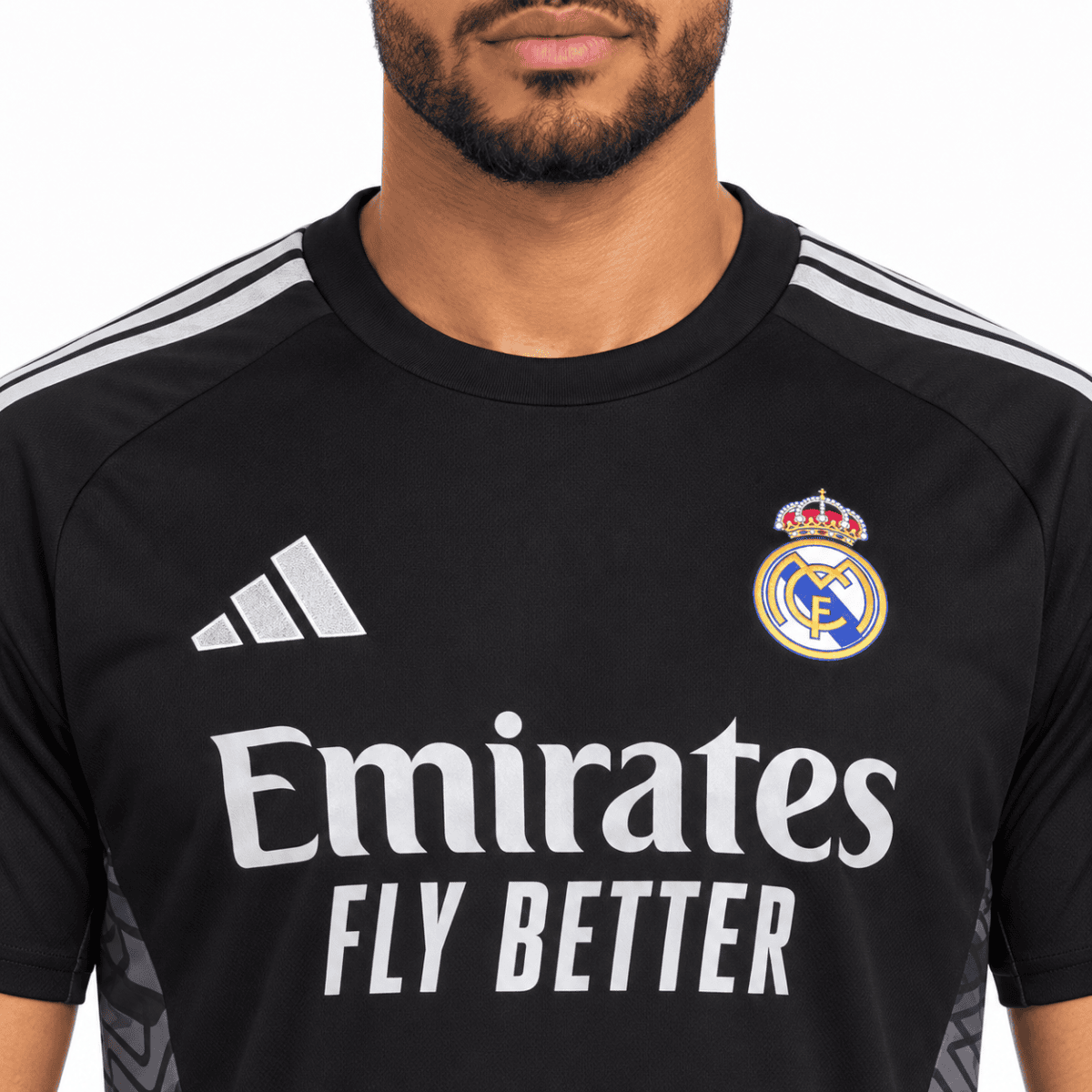 Real Madrid goalkeeper jersey 2026/27, black with white logo and sponsor.
