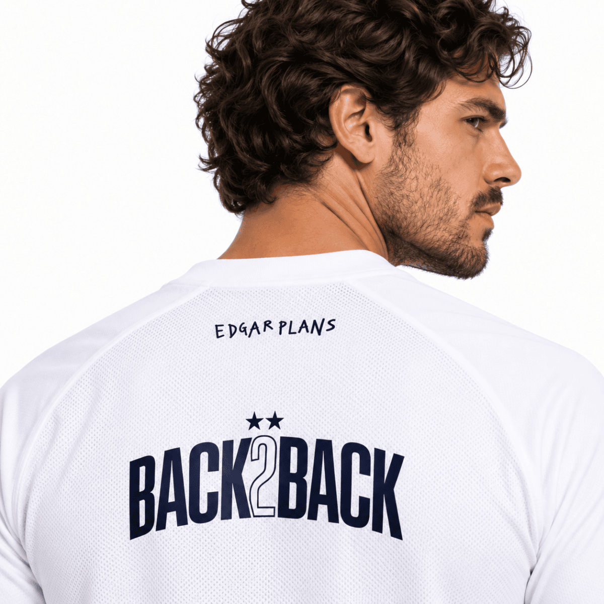Back view of a white PSG jersey with 'BACK 2 BACK' text and Edgar Plans name.