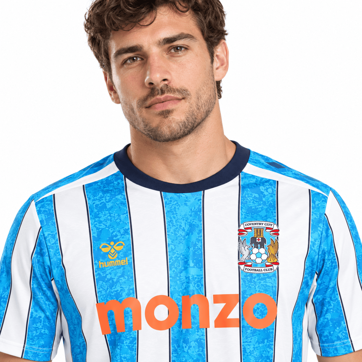 Coventry City home football jersey 2026/27 with blue and white vertical stripes.