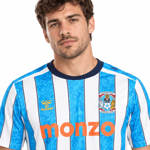 Coventry City home football jersey 2026/27 with blue and white vertical stripes.