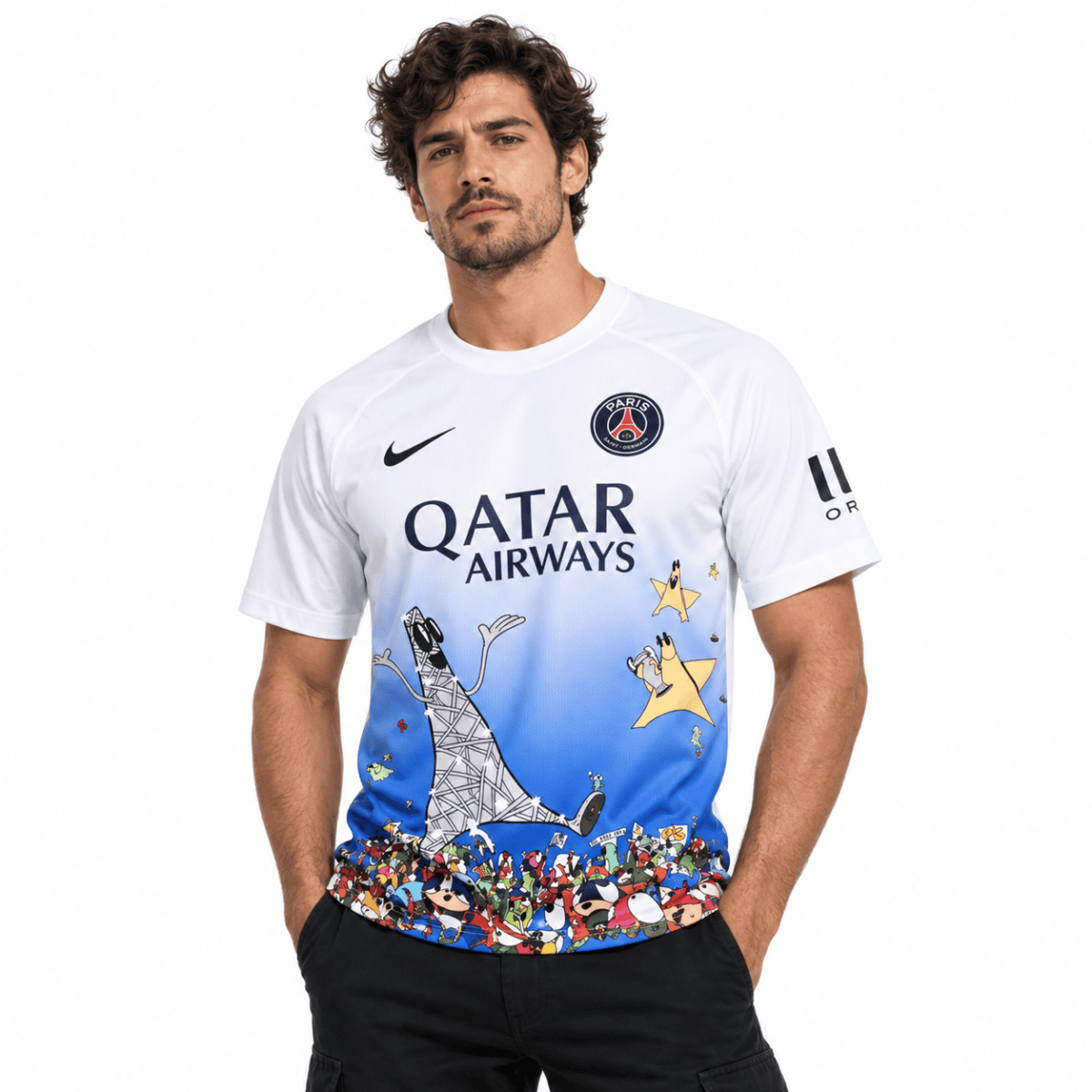 Paris Saint-Germain 2026/27 jersey with cartoon design and club logos.