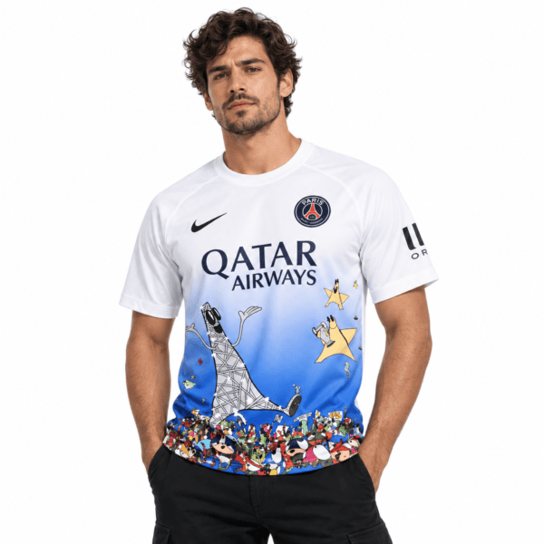 a29ef63e-f1bf-415c-8113-b6efcadf526c - UAE SPORT STORE Paris Saint-Germain 2026/27 jersey with cartoon design and club logos.