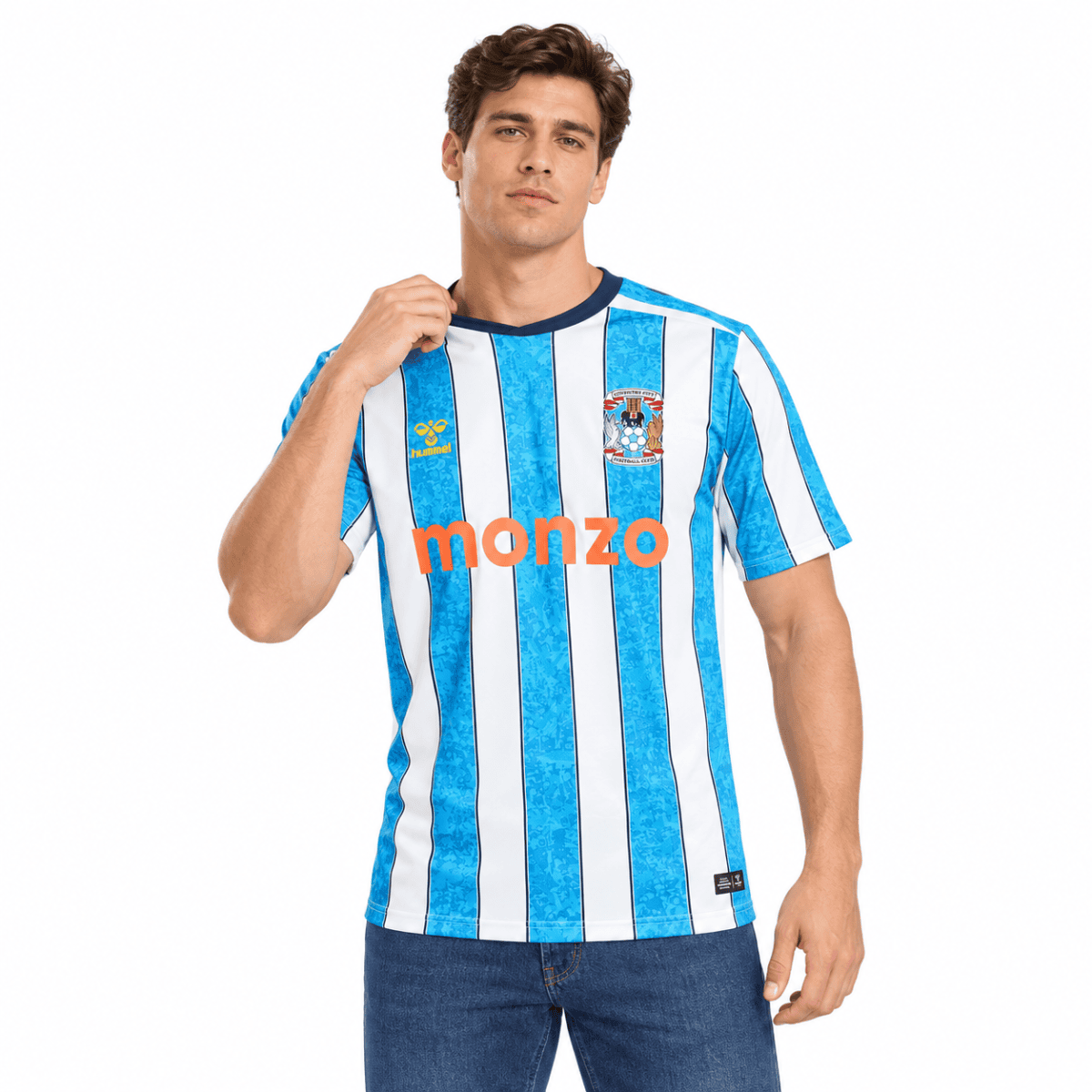 Coventry City home jersey 2026/27 with blue and white vertical stripes and Monzo logo.