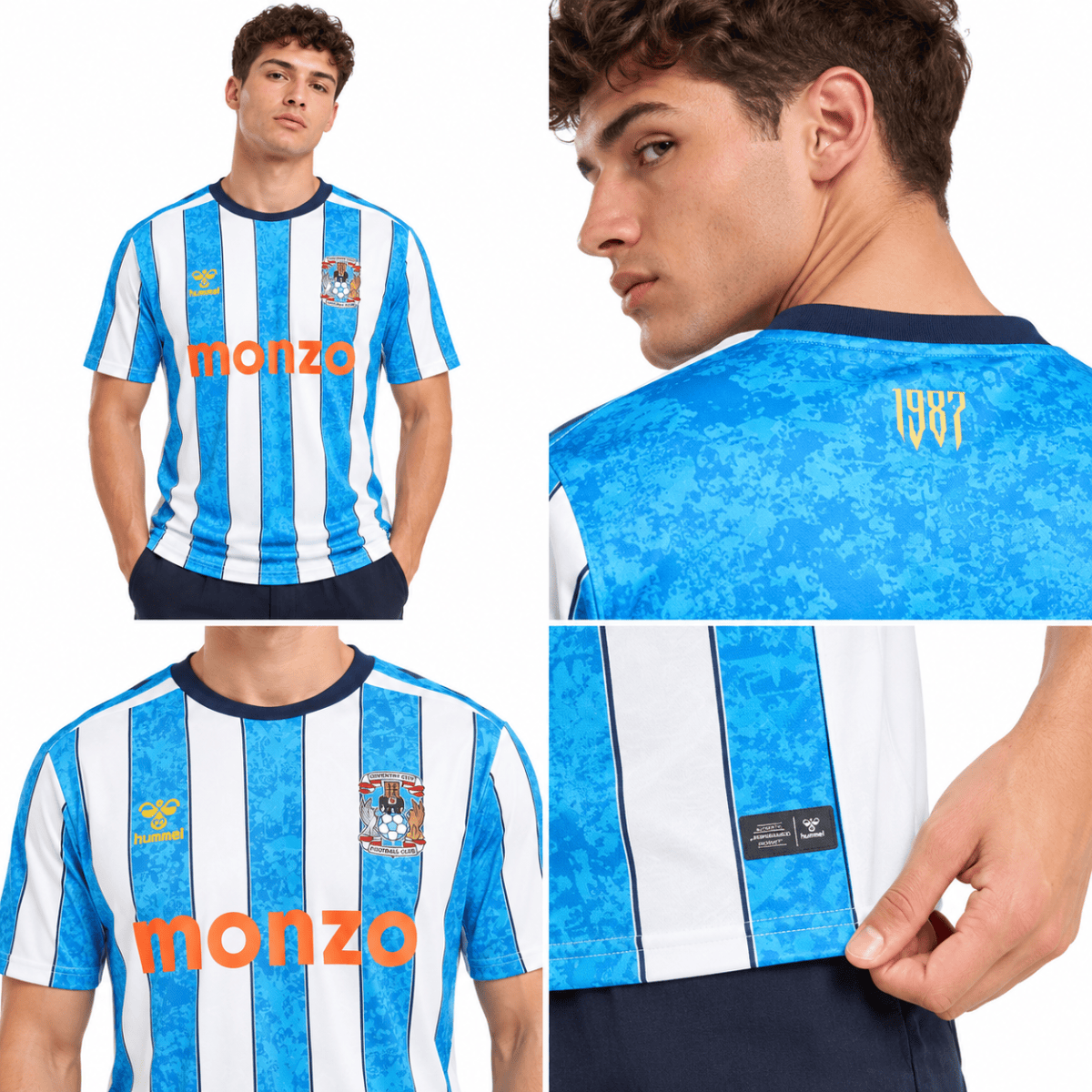 Coventry City home football jersey 2026/27 with blue and white vertical stripes, club crest, and Mon.