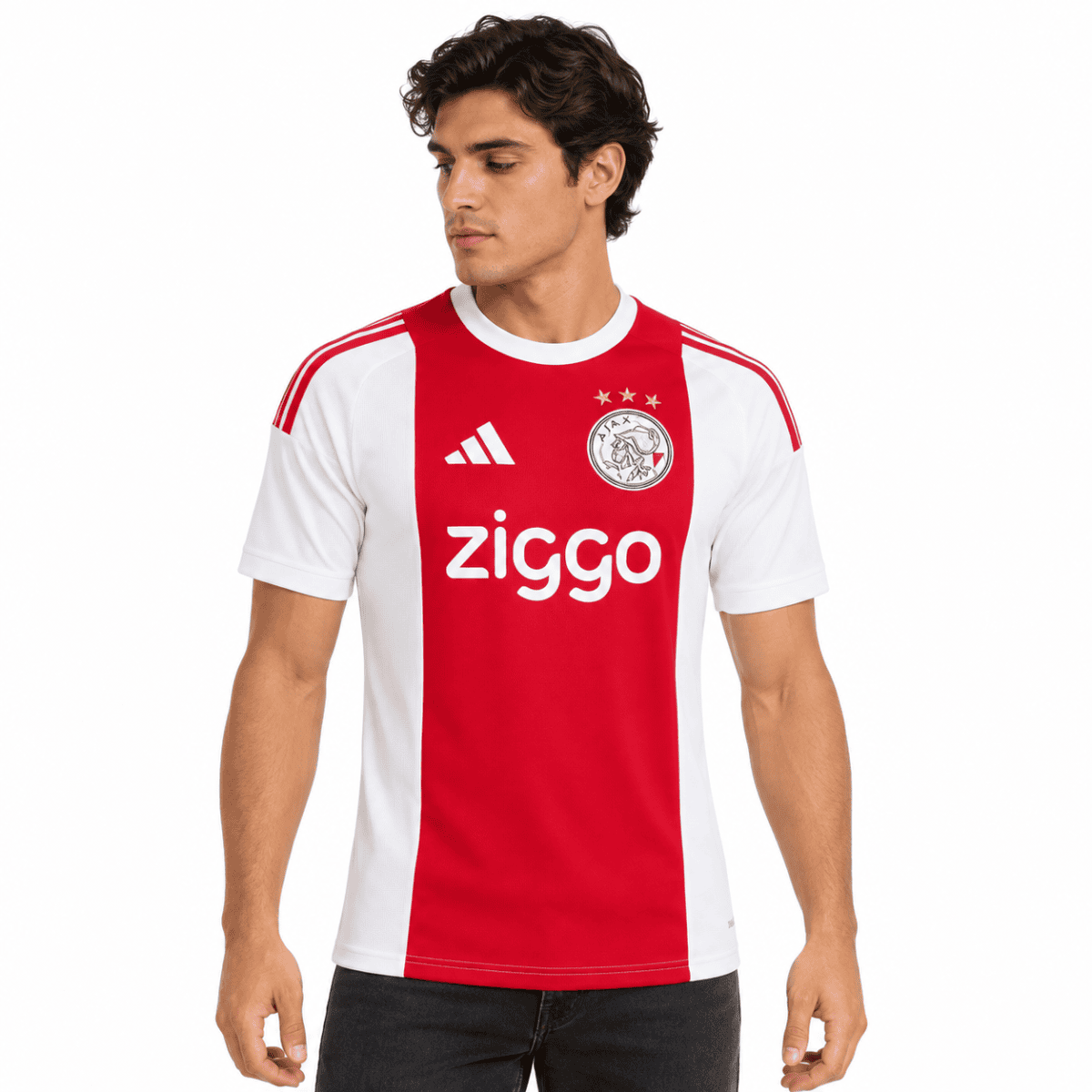 Ajax home jersey 2026/27 with red and white colors, Ziggo sponsor, and club crest.