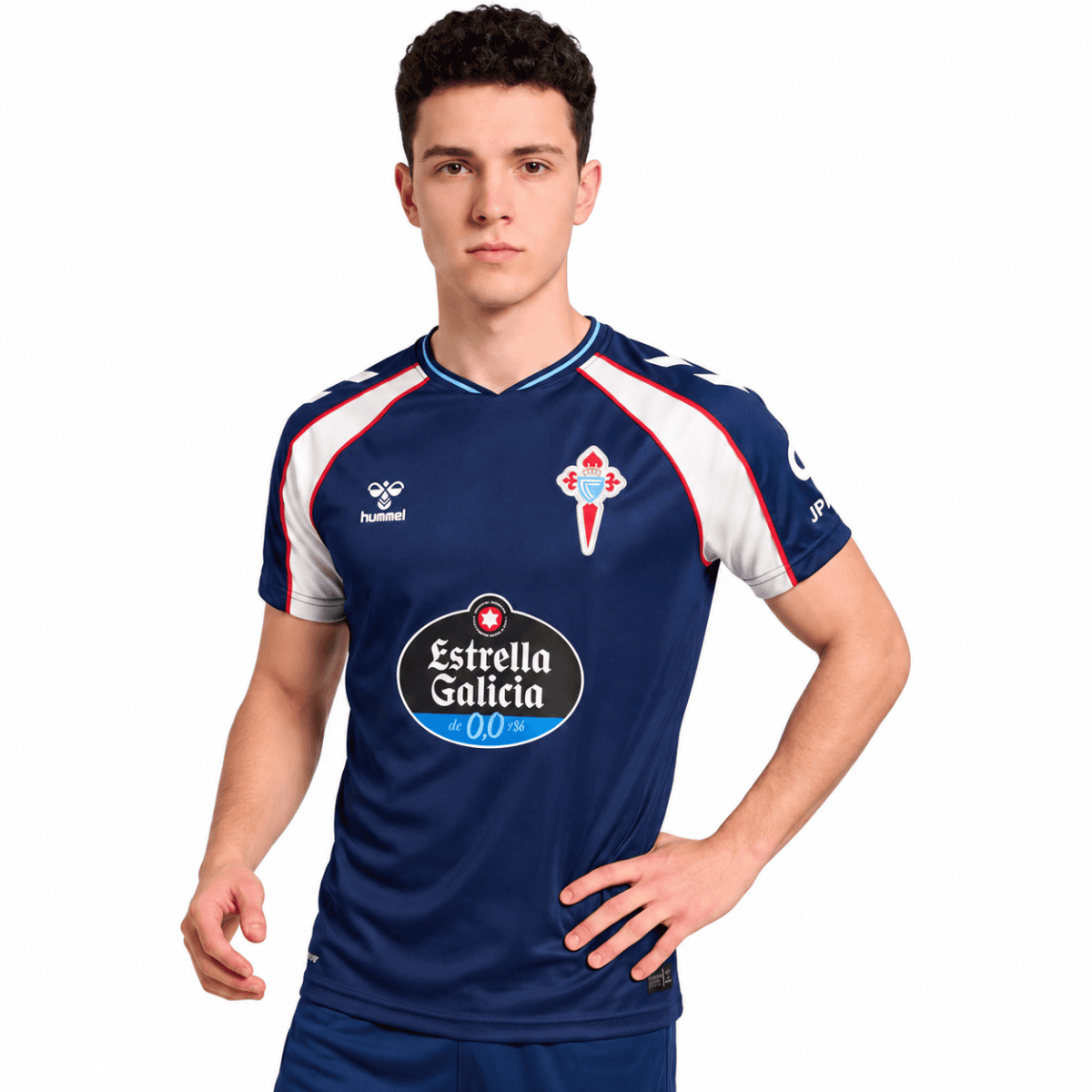 Celta Vigo away football jersey 2026/27 with blue, white, and red colors.
