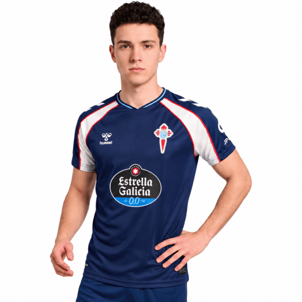 Celta Vigo away football jersey 2026/27 with blue, white, and red colors.