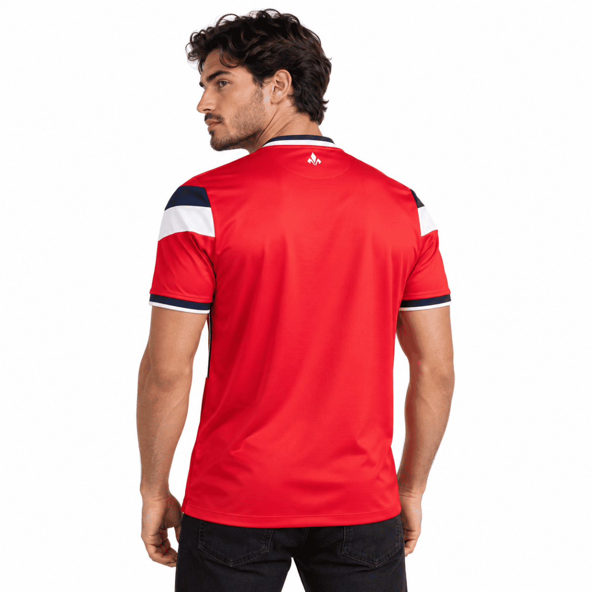 Red Lille LOSC home jersey with white and navy accents, back view.