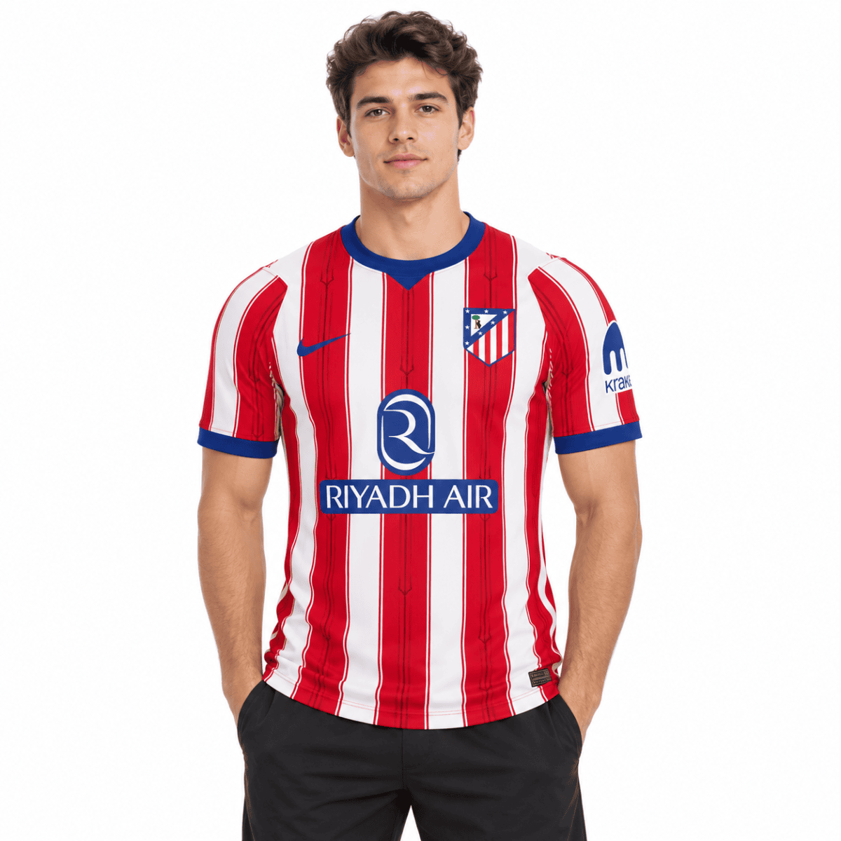 Atlético Madrid home jersey 2026/27 with red and white vertical stripes and club crest.