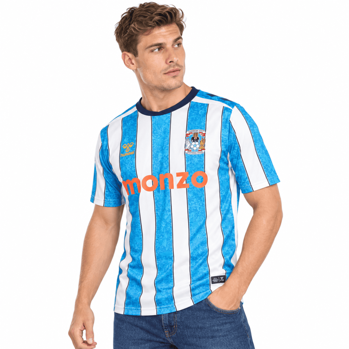 Coventry City home jersey 2026/27 with blue and white vertical stripes and Monzo logo.