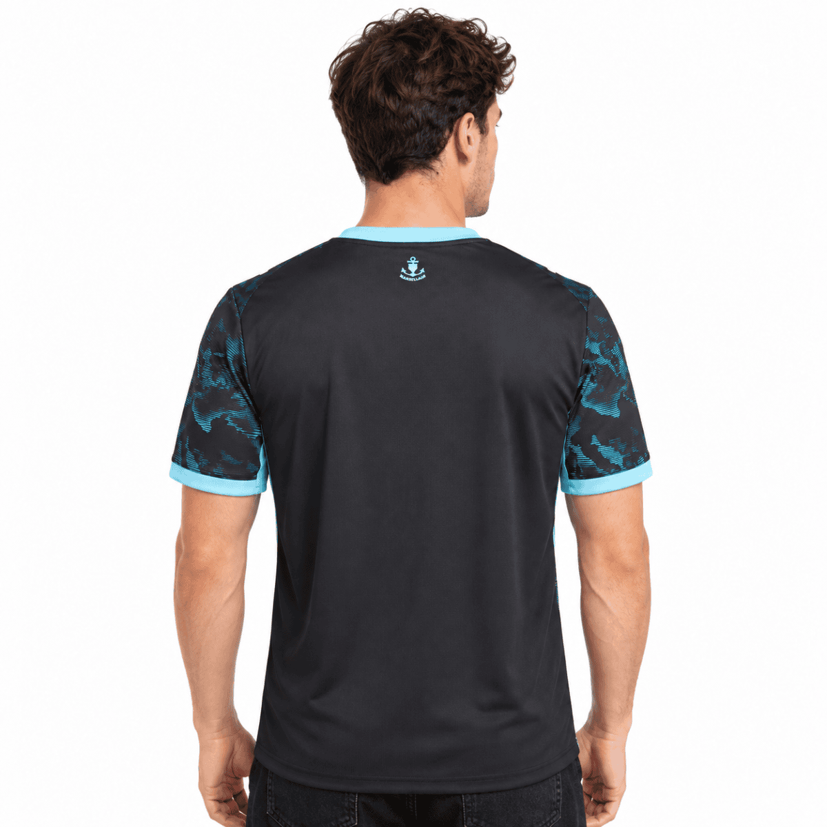 Black Marseille away jersey with blue accents and club crest on back.