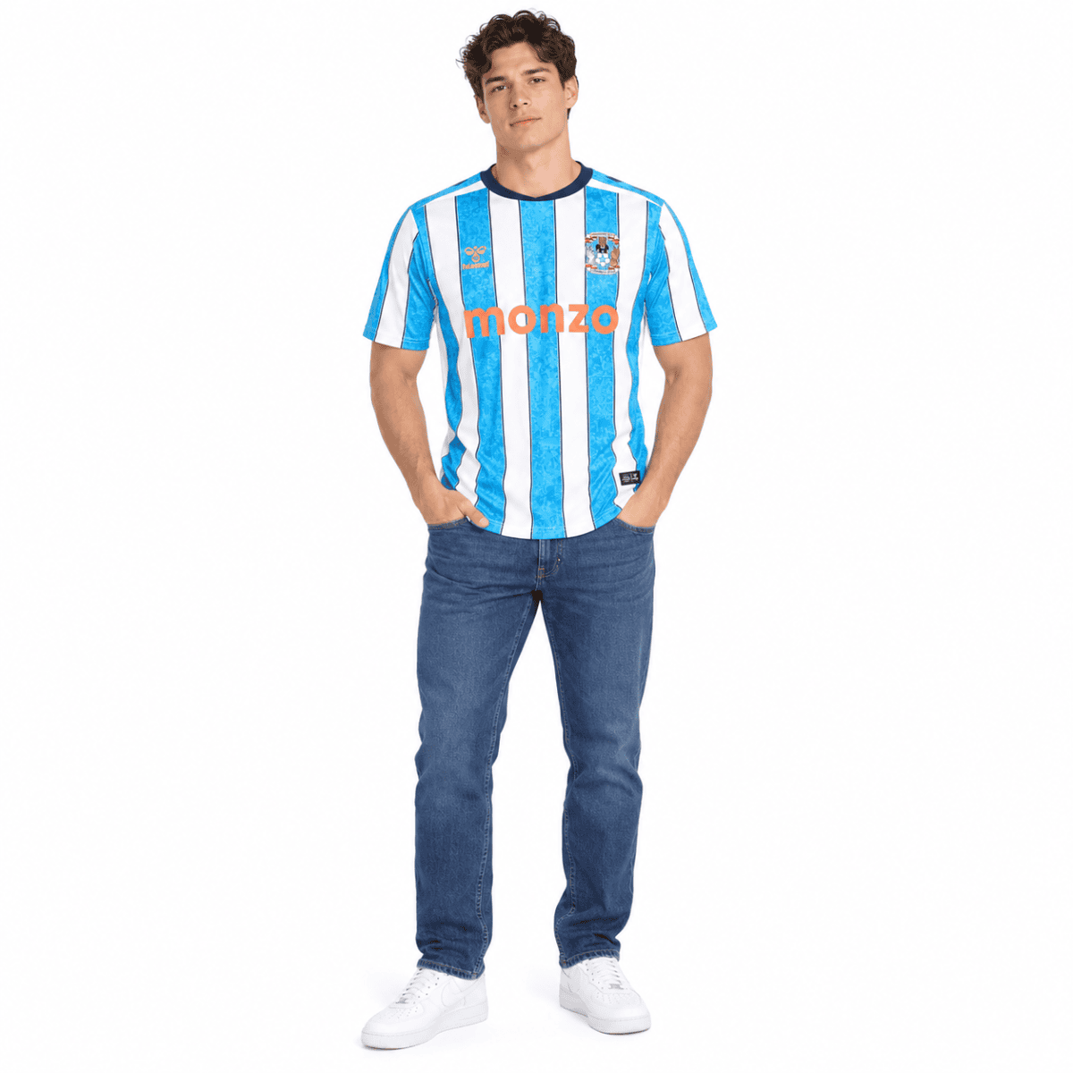 Coventry City home football jersey 2026/27 with blue and white vertical stripes.