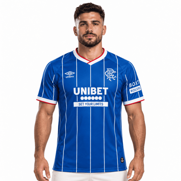 Rangers home football jersey 2026/27 with blue and white vertical stripes.