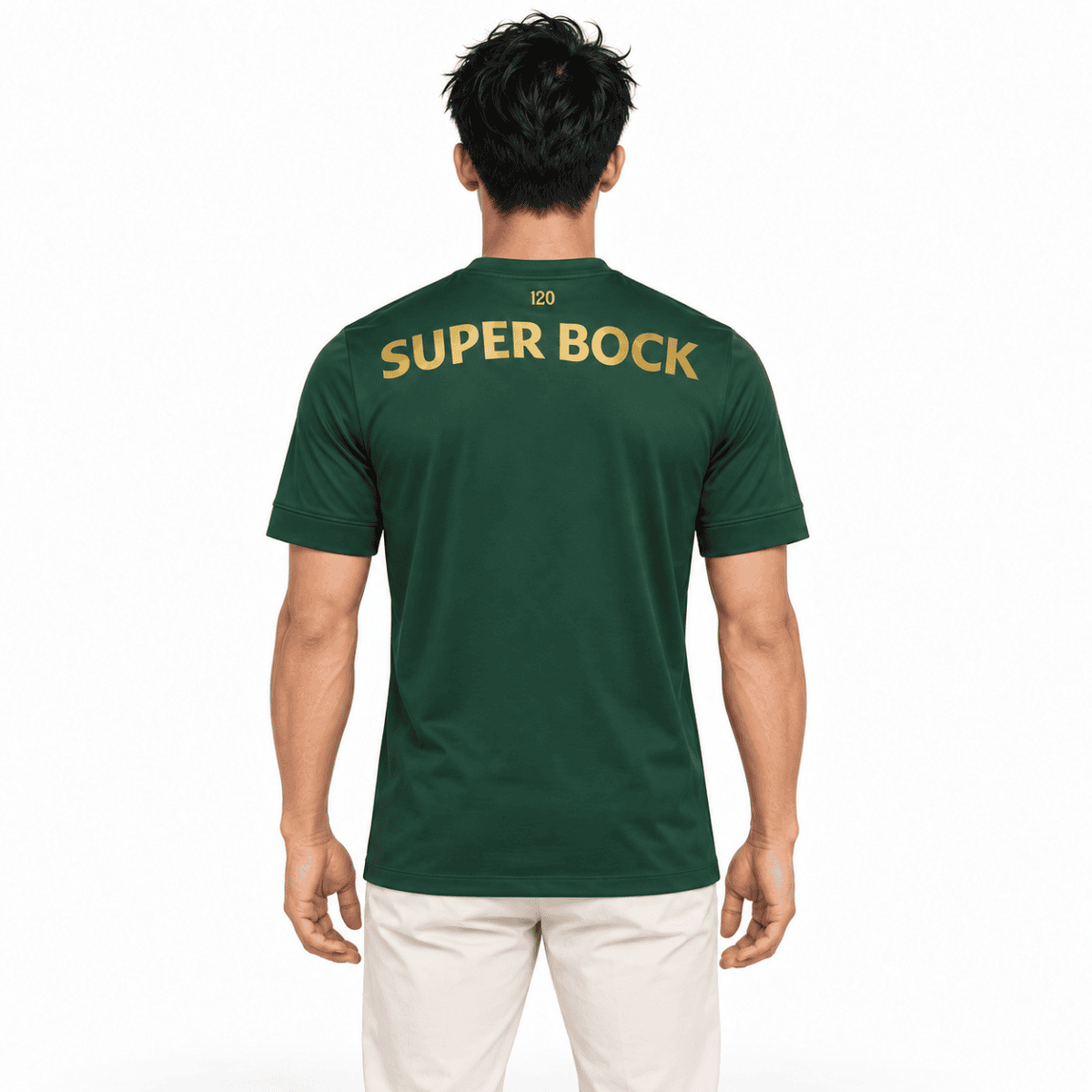 Sporting CP 120th anniversary green jersey with 'SUPER BOCK' on back.