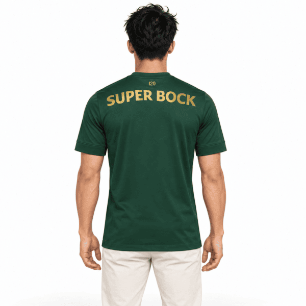 Sporting CP 120th anniversary green jersey with 'SUPER BOCK' on back.