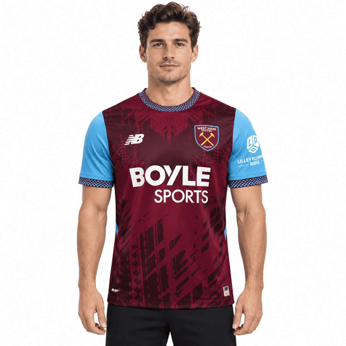 West Ham United home football jersey with maroon and light blue colors, season 2026/27.