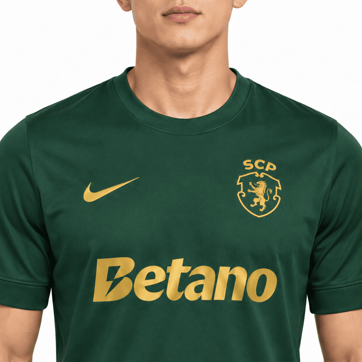 Sporting CP 120th Anniversary jersey, green with gold logo and sponsor, front view.