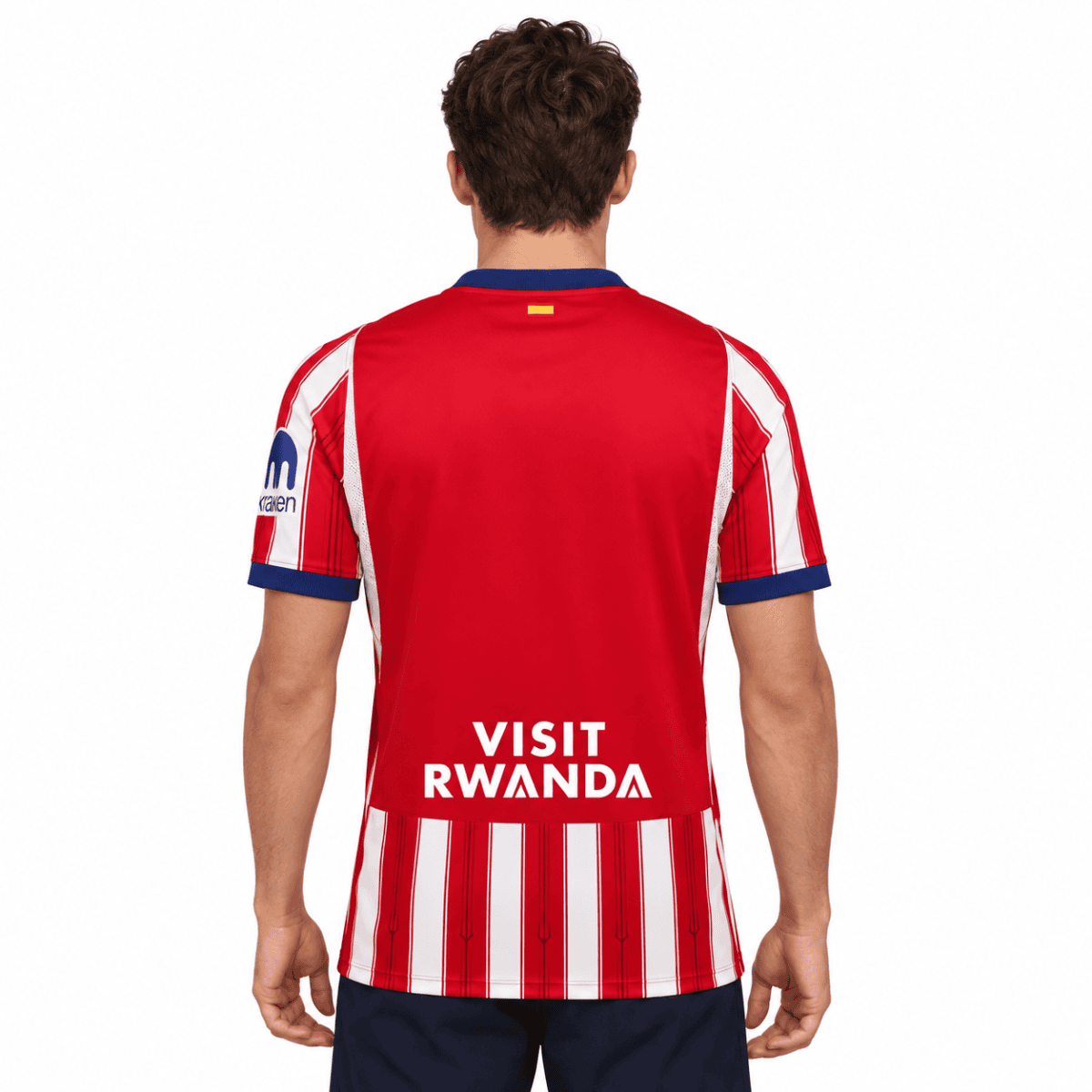 Atlético Madrid home jersey 2026/27 with red and white stripes, 'Visit Rwanda' text.