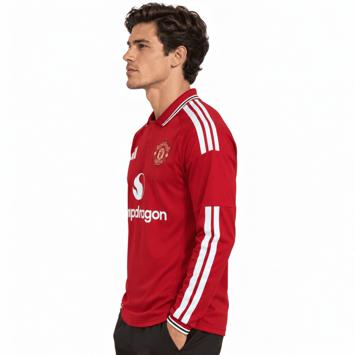 Manchester United home long sleeve jersey 2026/27 in red with white stripes.