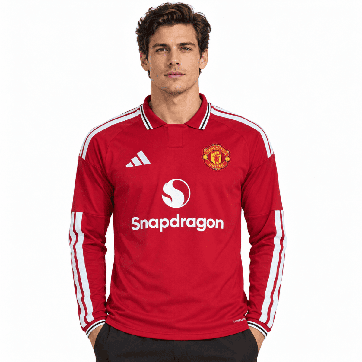 Manchester United home long sleeve jersey 2026/27 in red with white stripes.