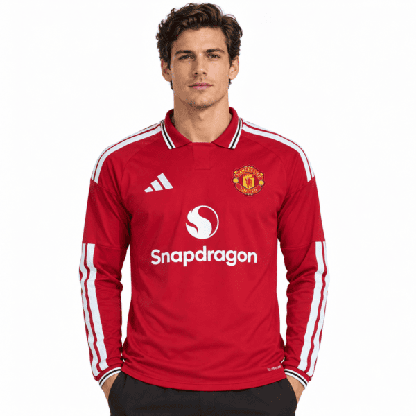 Manchester United home long sleeve jersey 2026/27 in red with white stripes.