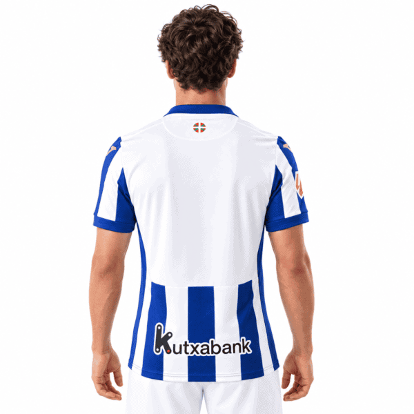 Real Sociedad home jersey 2026/27 with blue and white stripes, sponsor logo.