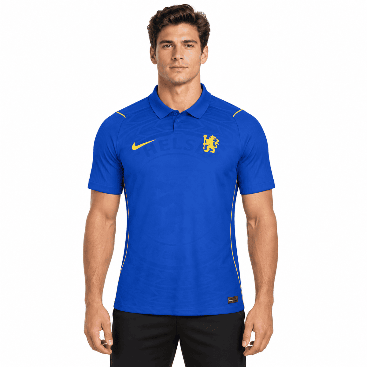 Chelsea FC home jersey 2026/27 in blue with yellow accents and crest.