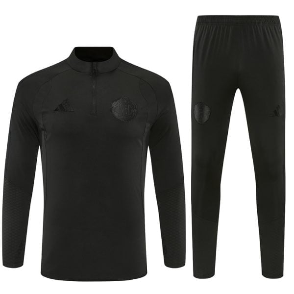 Manchester United blackout training tracksuit 2026/27 front view all black quarter-zip top and pants