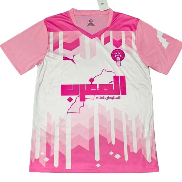 02a0058e-6d1a-4520-8dd3-d9ea8f2f0facjpg - UAE SPORT STORE Morocco national team pink jersey with logo and sponsor details.
