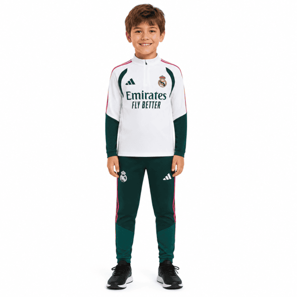 Real Madrid Kids White & Green Training Tracksuit - quarter-zip top and green joggers - front