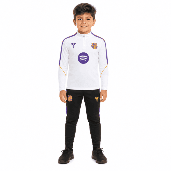 Barcelona Kids White Training Tracksuit - quarter-zip top and black joggers - front
