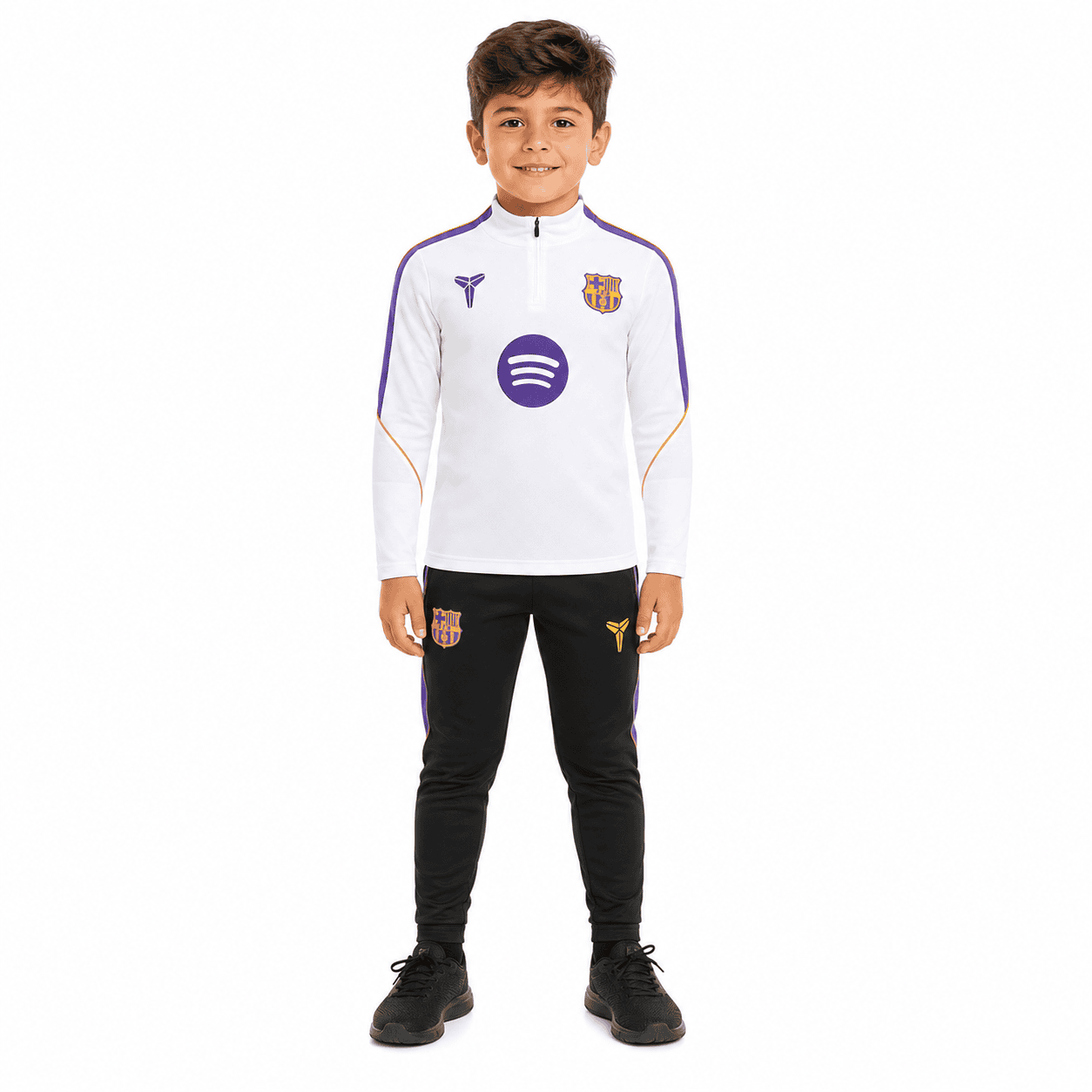 1_3ca6a71d-0961-47d2-aca3-6a75f1214c12png | UAE SPORT STORE Barcelona Kids White Training Tracksuit - quarter-zip top and black joggers - front