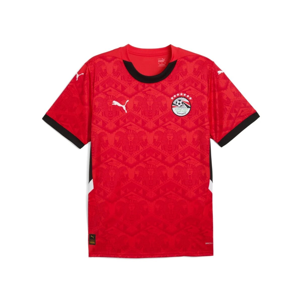 Egypt national team home jersey 2025 in red with black and white accents.