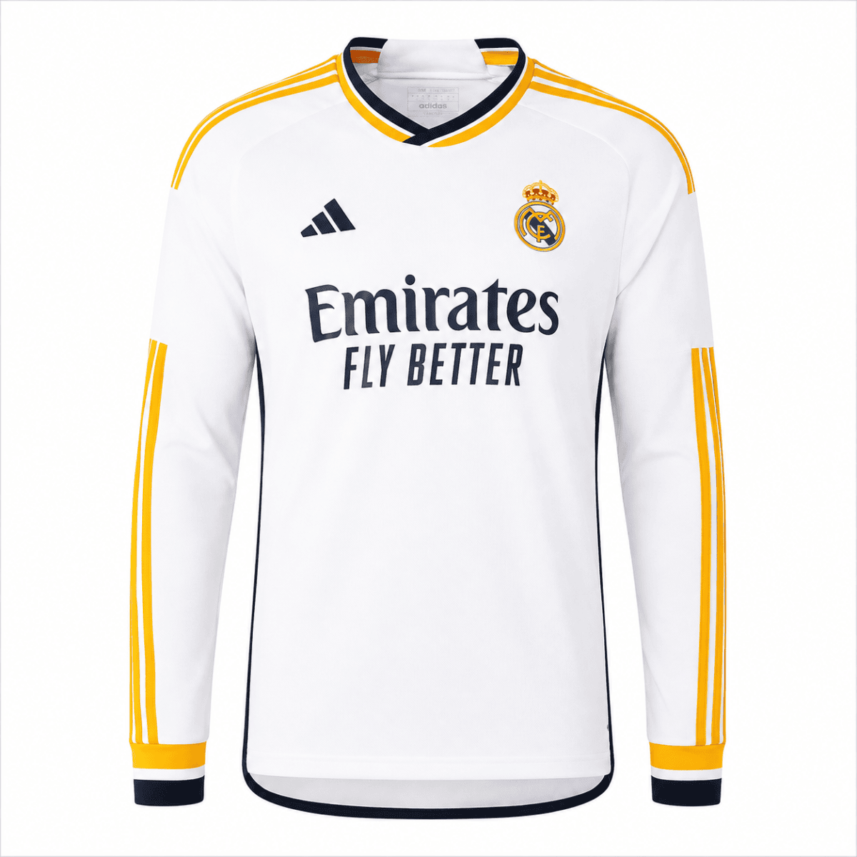 Real Madrid 2023/24 home long sleeve jersey with badges and yellow accents.