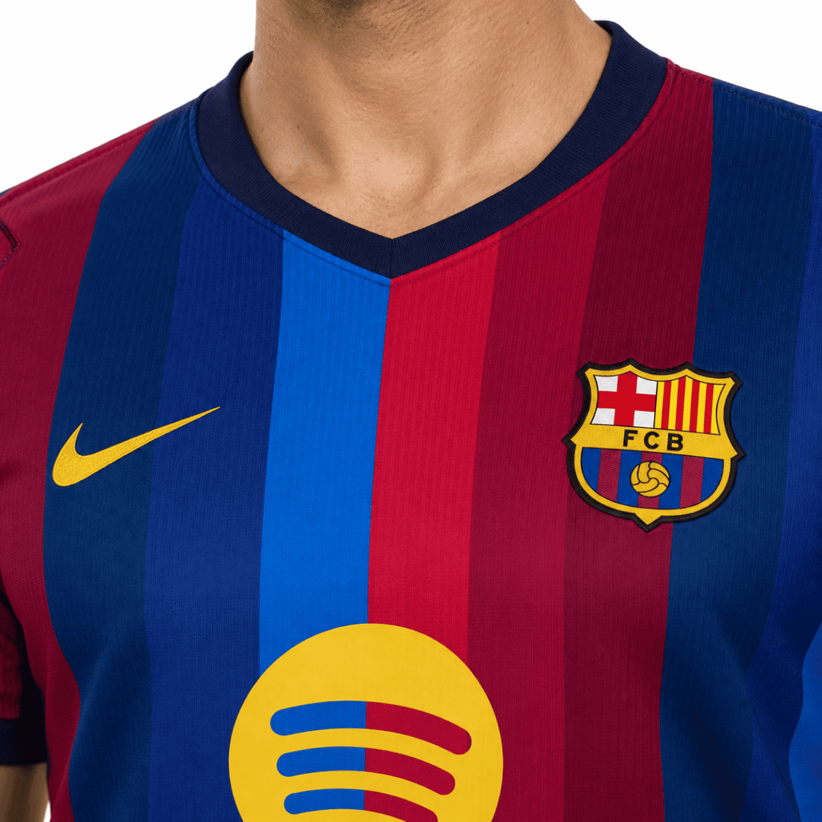 Barcelona home jersey 2026-2027 with red and blue vertical stripes, club crest, Nike logo, and Pirel.