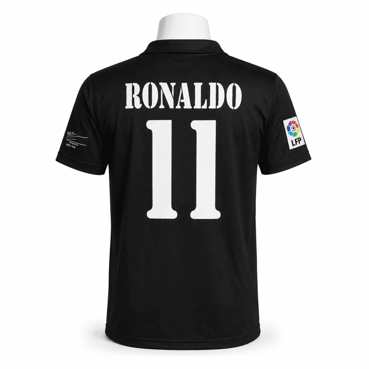 Real Madrid home jersey with Ronaldo #11, black color, LFP logo on sleeve.