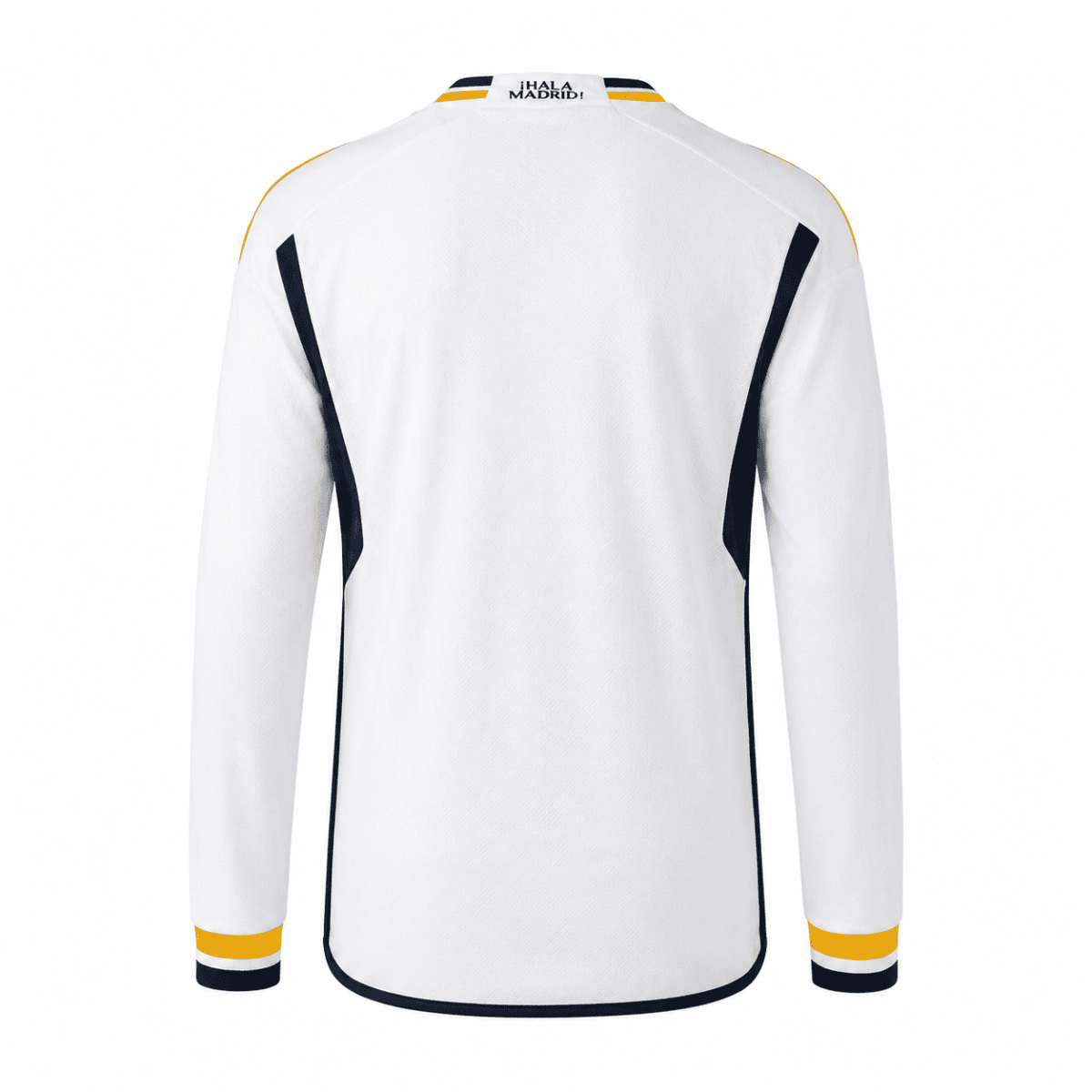 Real Madrid 2023/24 home long sleeve jersey with badges, white with black and yellow accents.