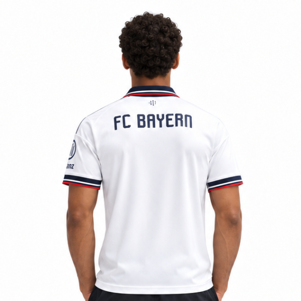 Man wearing Bayern Munich away jersey 2026/2027, white with navy and red accents.
