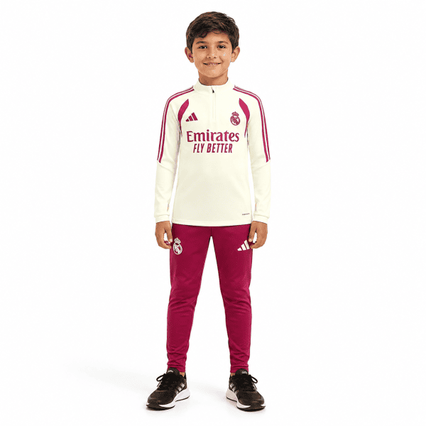 Real Madrid Kids Cream Training Tracksuit - quarter-zip top and burgundy joggers - front