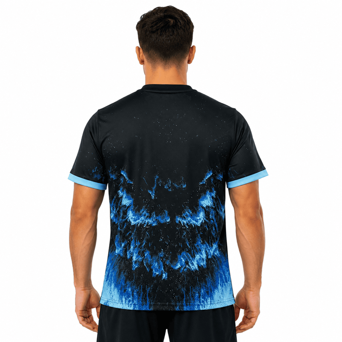 Black football jersey with blue and white splash design, back view.