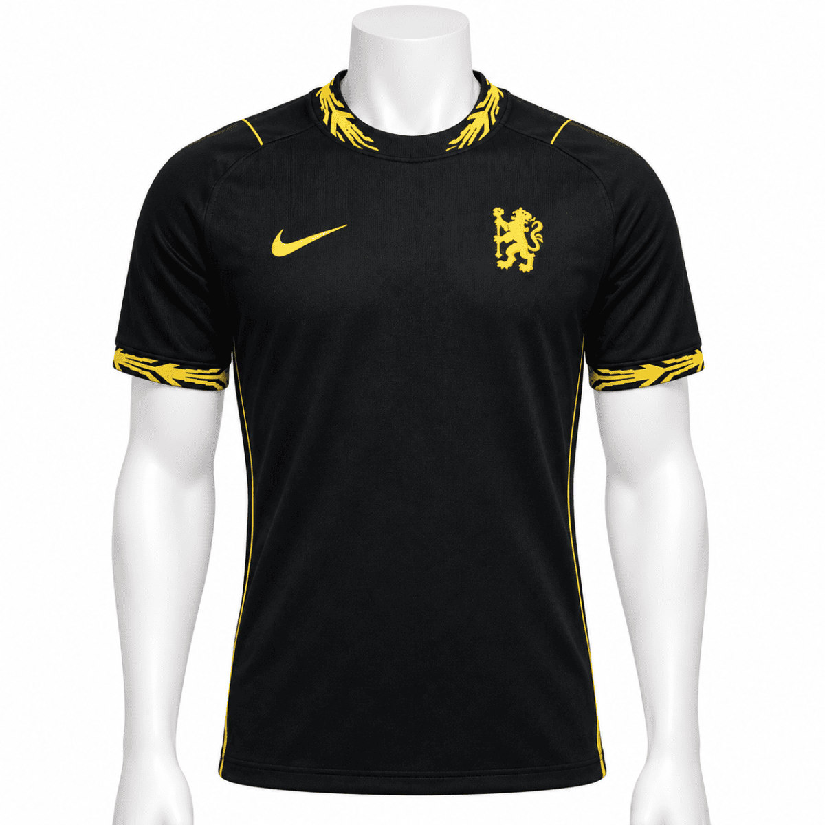 Black football jersey with yellow lion crest and Nike logo, short sleeves.