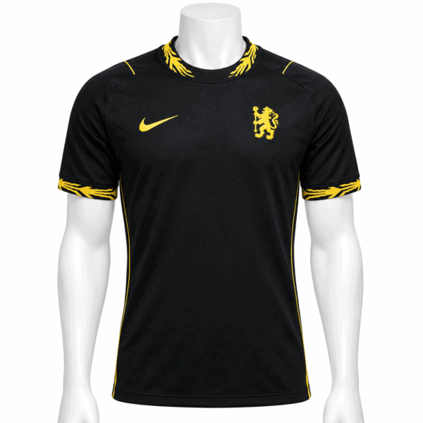 58b26bf4-06ab-4b5b-874e-faf6e44e1a70 - UAE SPORT STORE Black football jersey with yellow lion crest and Nike logo, short sleeves.