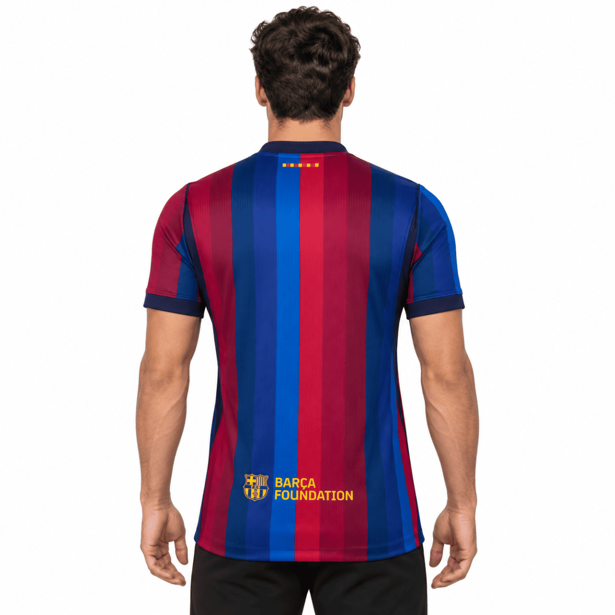 Barcelona home jersey 2026-2027 with red and blue vertical stripes and 'BARCA FOUNDATION' logo.